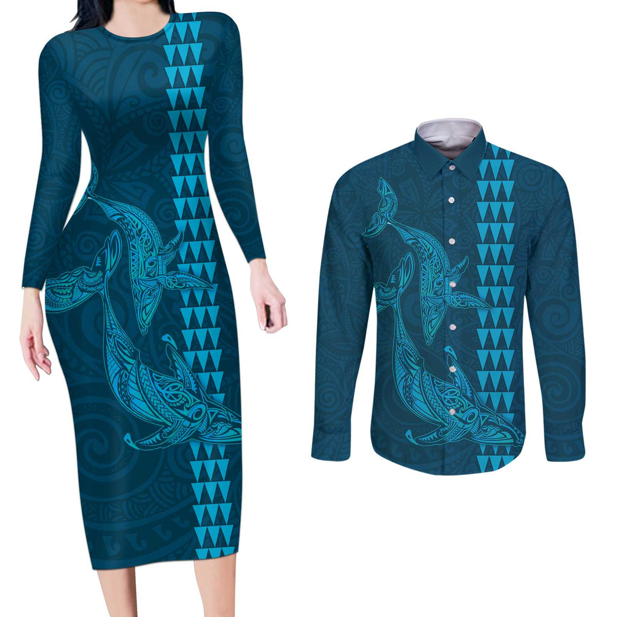 Aloha Hawaii Whale Kakau and Polynesian Tattoo Couples Matching Long Sleeve Bodycon Dress and Long Sleeve Button Shirt Light Blue Color