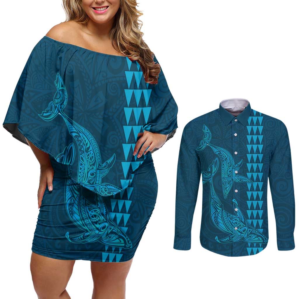 Aloha Hawaii Whale Kakau and Polynesian Tattoo Couples Matching Off Shoulder Short Dress and Long Sleeve Button Shirt Light Blue Color