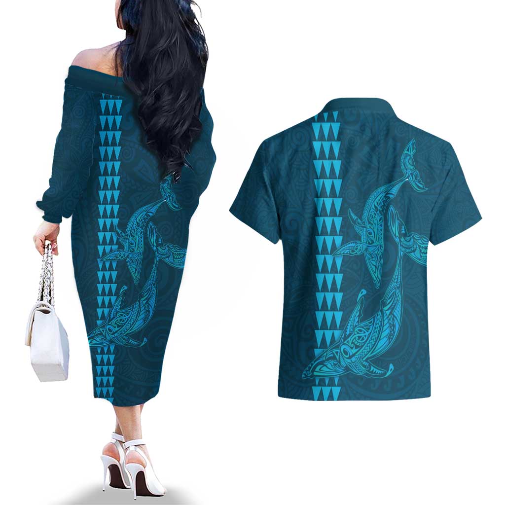 Aloha Hawaii Whale Kakau and Polynesian Tattoo Couples Matching Off The Shoulder Long Sleeve Dress and Hawaiian Shirt Light Blue Color