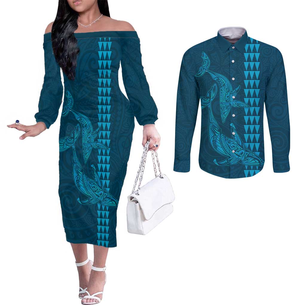 Aloha Hawaii Whale Kakau and Polynesian Tattoo Couples Matching Off The Shoulder Long Sleeve Dress and Long Sleeve Button Shirt Light Blue Color