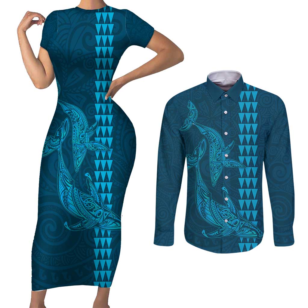 Aloha Hawaii Whale Kakau and Polynesian Tattoo Couples Matching Short Sleeve Bodycon Dress and Long Sleeve Button Shirt Light Blue Color