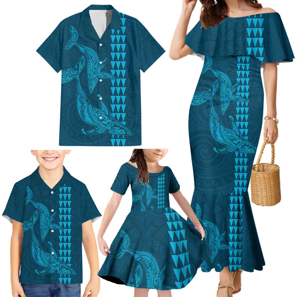 Aloha Hawaii Whale Kakau and Polynesian Tattoo Family Matching Mermaid Dress and Hawaiian Shirt Light Blue Color