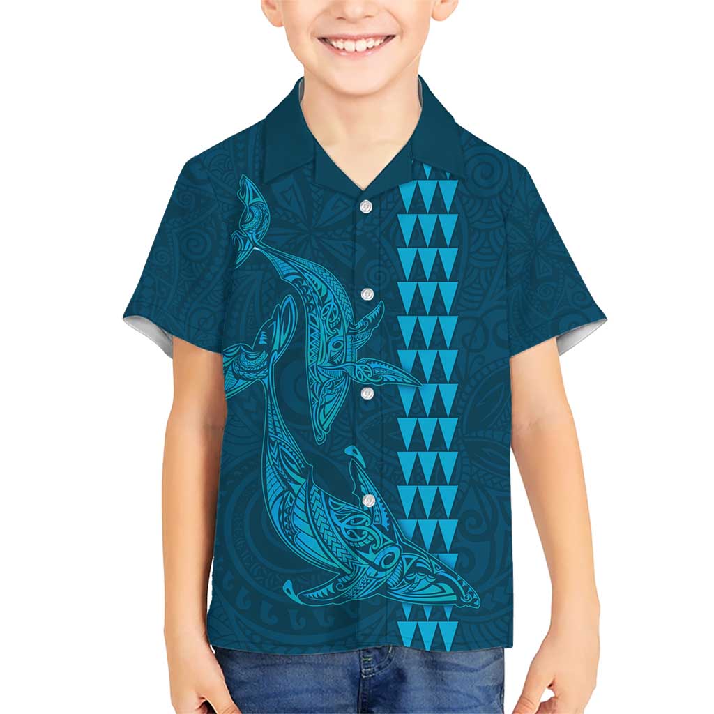 Aloha Hawaii Whale Kakau and Polynesian Tattoo Kid Hawaiian Shirt Light Blue Color
