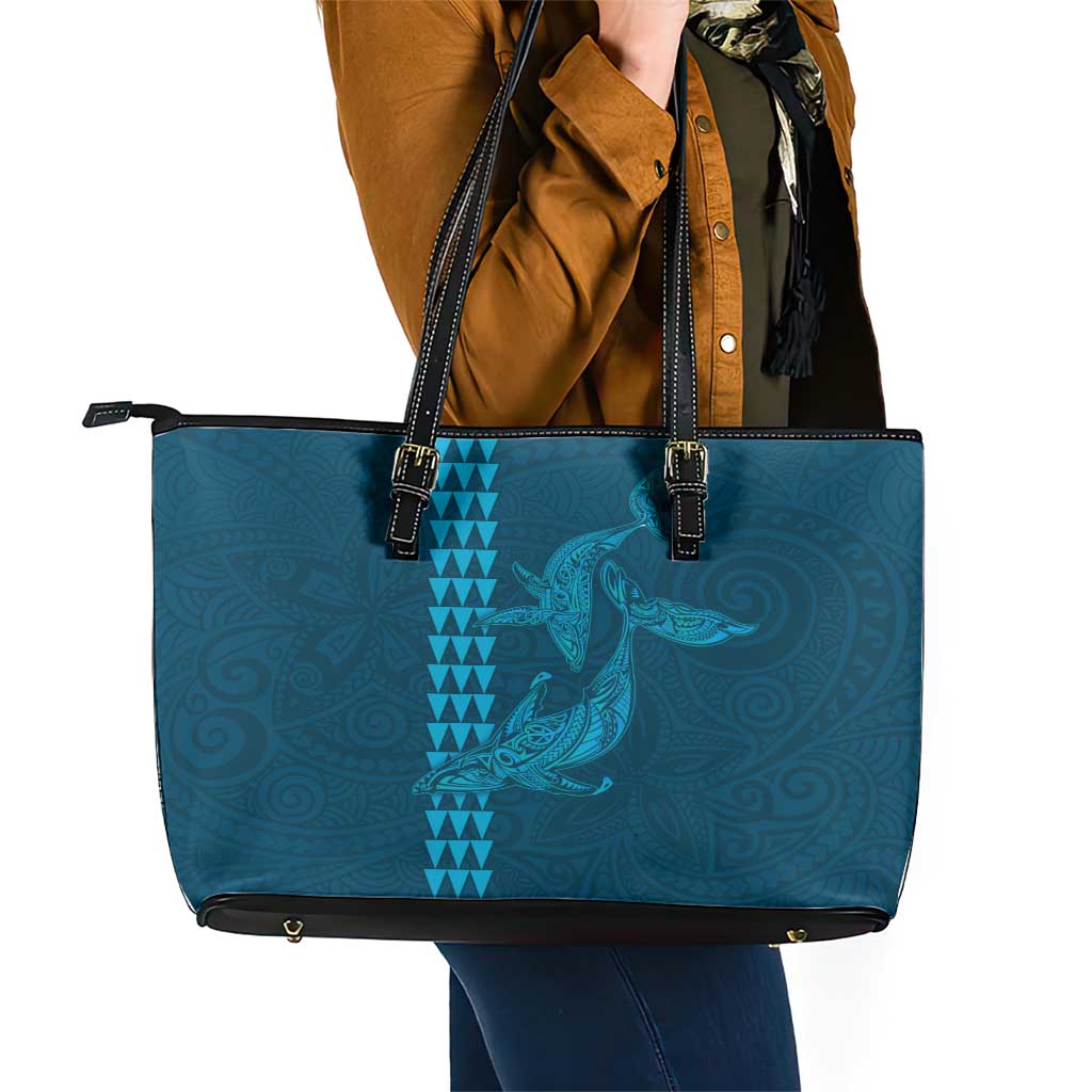 Aloha Hawaii Whale Kakau and Polynesian Tattoo Leather Tote Bag Light Blue Color
