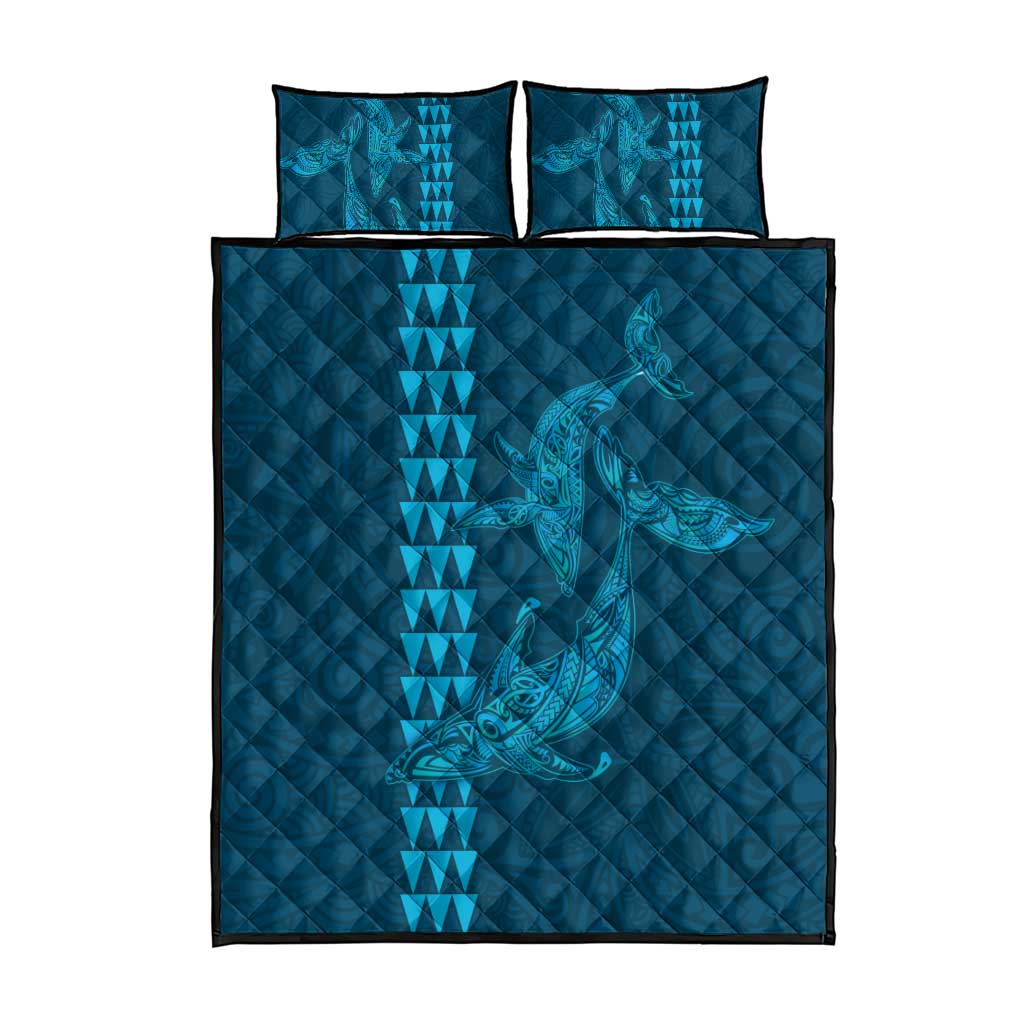 Aloha Hawaii Whale Kakau and Polynesian Tattoo Quilt Bed Set Light Blue Color