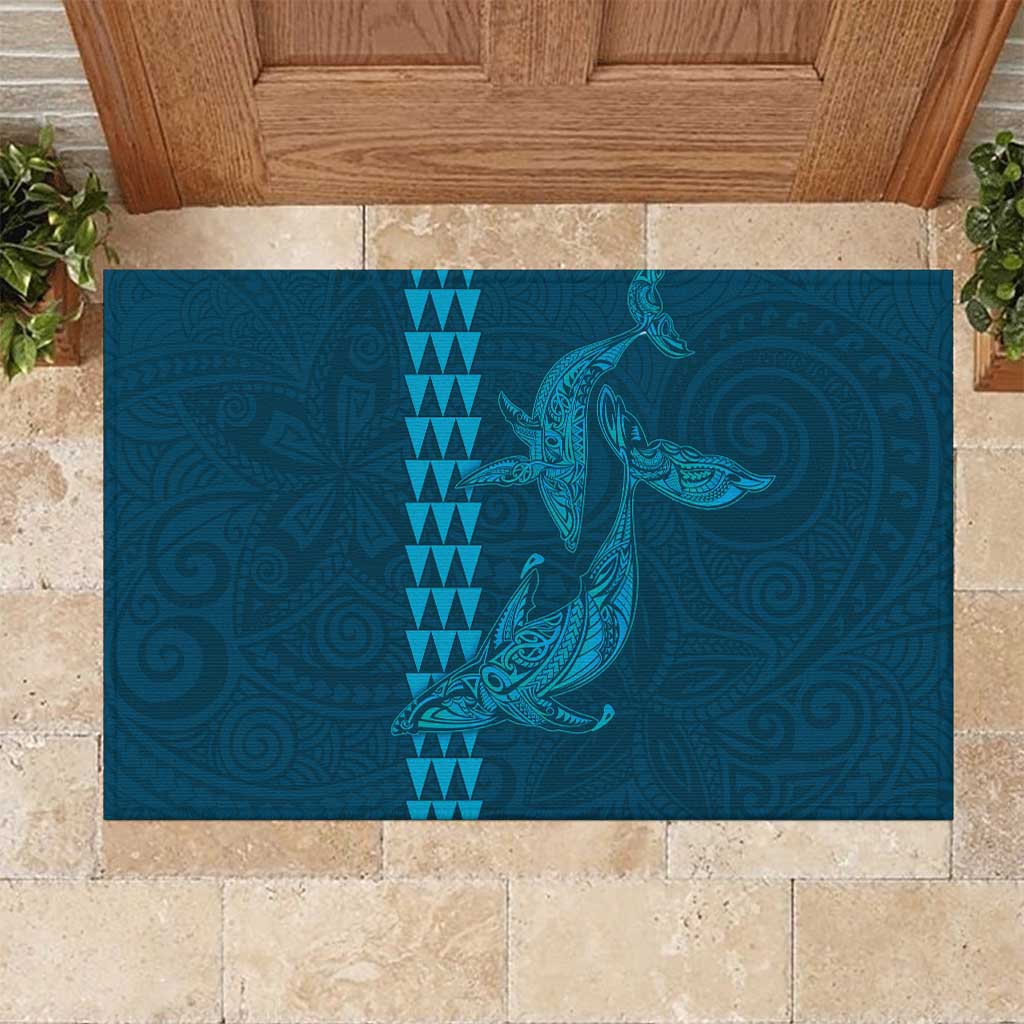 Aloha Hawaii Whale Kakau and Polynesian Tattoo Rubber Doormat Light Blue Color