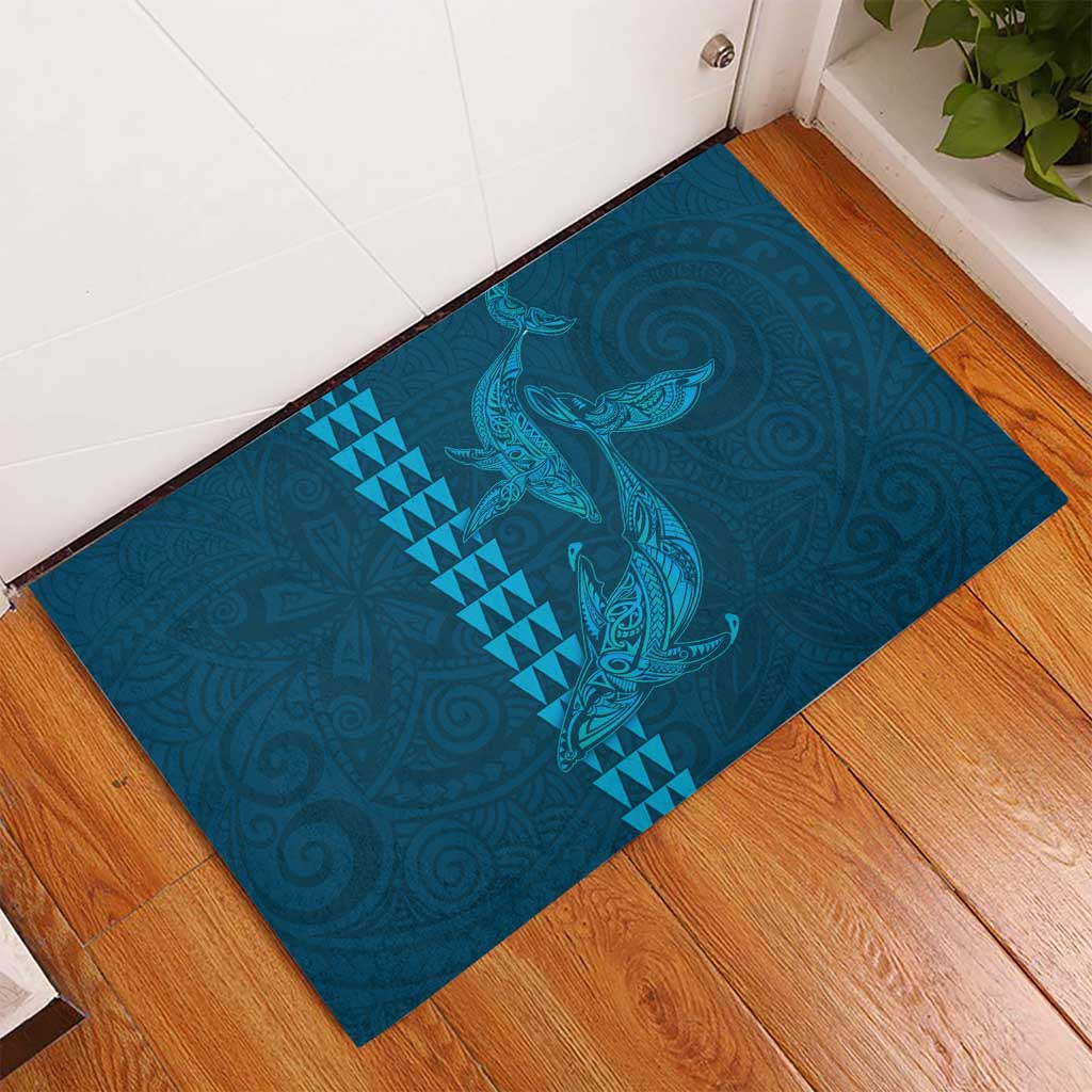 Aloha Hawaii Whale Kakau and Polynesian Tattoo Rubber Doormat Light Blue Color