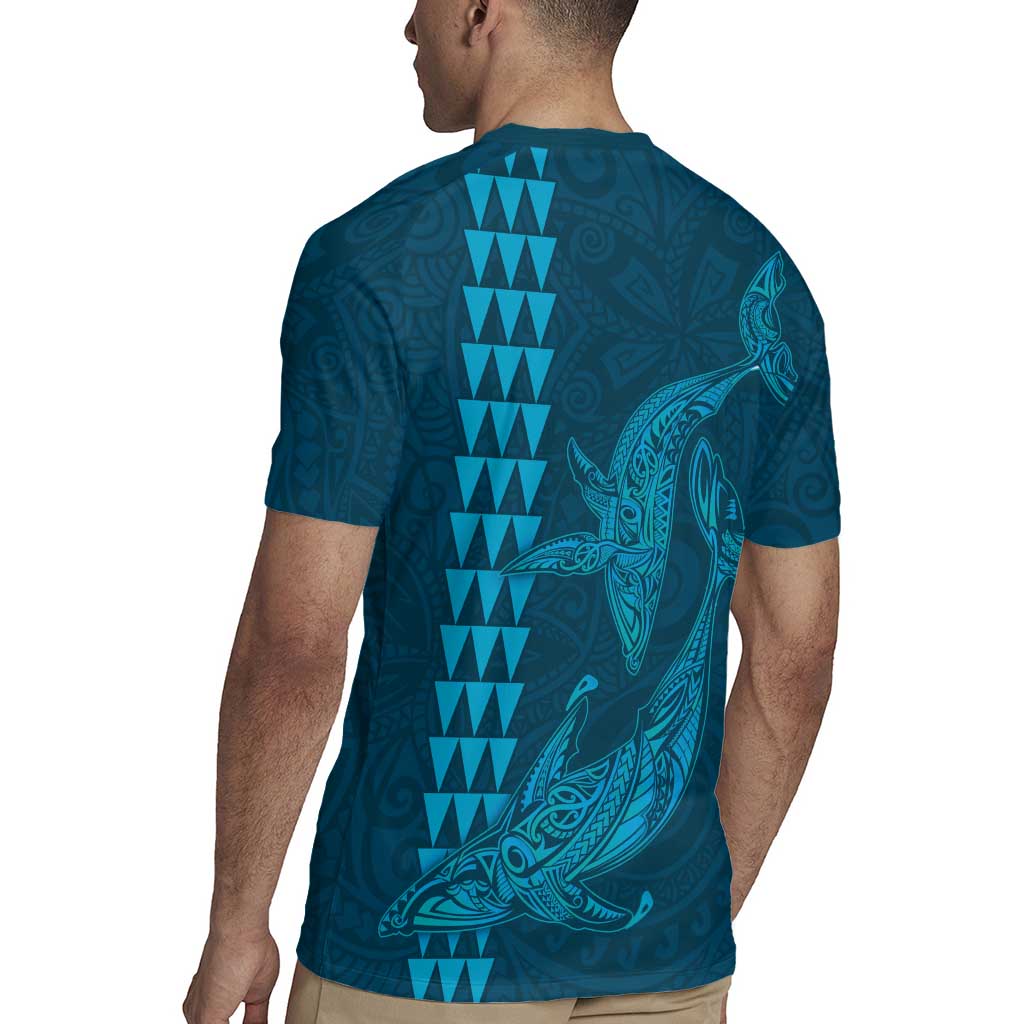 Aloha Hawaii Whale Kakau and Polynesian Tattoo Rugby Jersey Light Blue Color