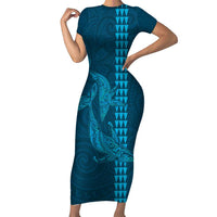 Aloha Hawaii Whale Kakau and Polynesian Tattoo Short Sleeve Bodycon Dress Light Blue Color
