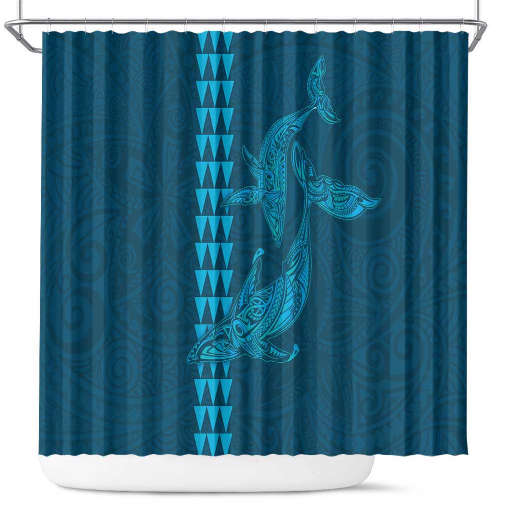 Aloha Hawaii Whale Kakau and Polynesian Tattoo Shower Curtain Light Blue Color
