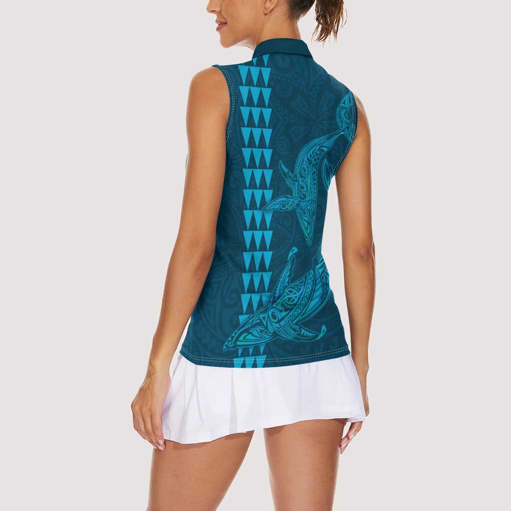 Aloha Hawaii Whale Kakau and Polynesian Tattoo Women Sleeveless Polo Shirt Light Blue Color
