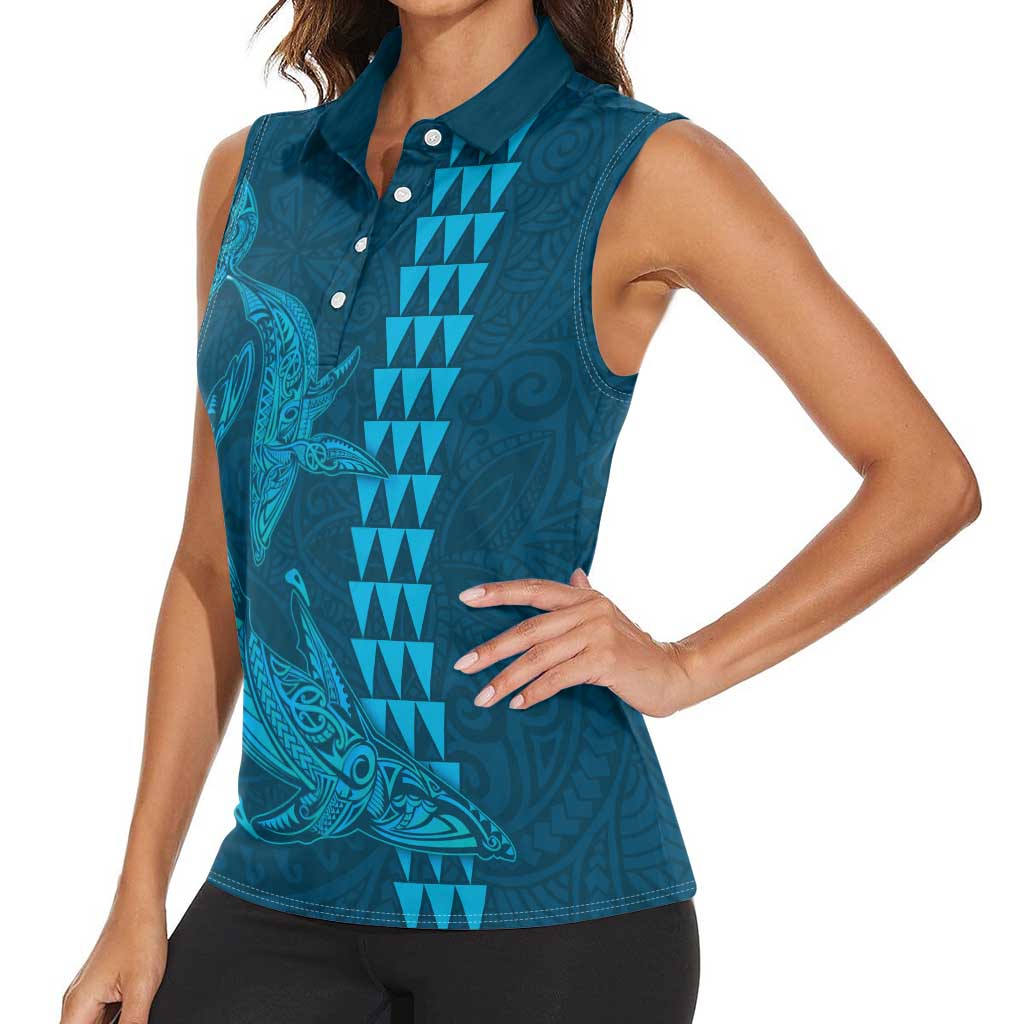 Aloha Hawaii Whale Kakau and Polynesian Tattoo Women Sleeveless Polo Shirt Light Blue Color