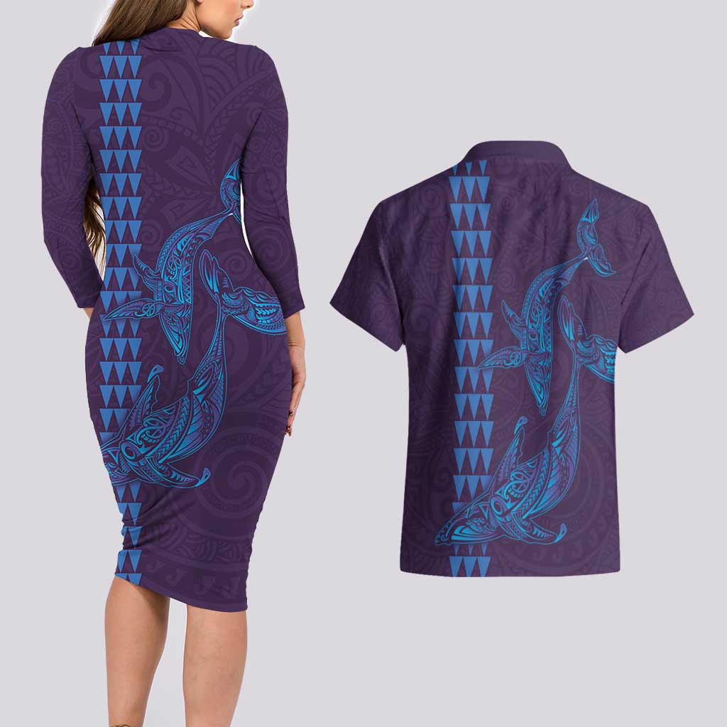 Aloha Hawaii Whale Kakau and Polynesian Tattoo Couples Matching Long Sleeve Bodycon Dress and Hawaiian Shirt Purple Color