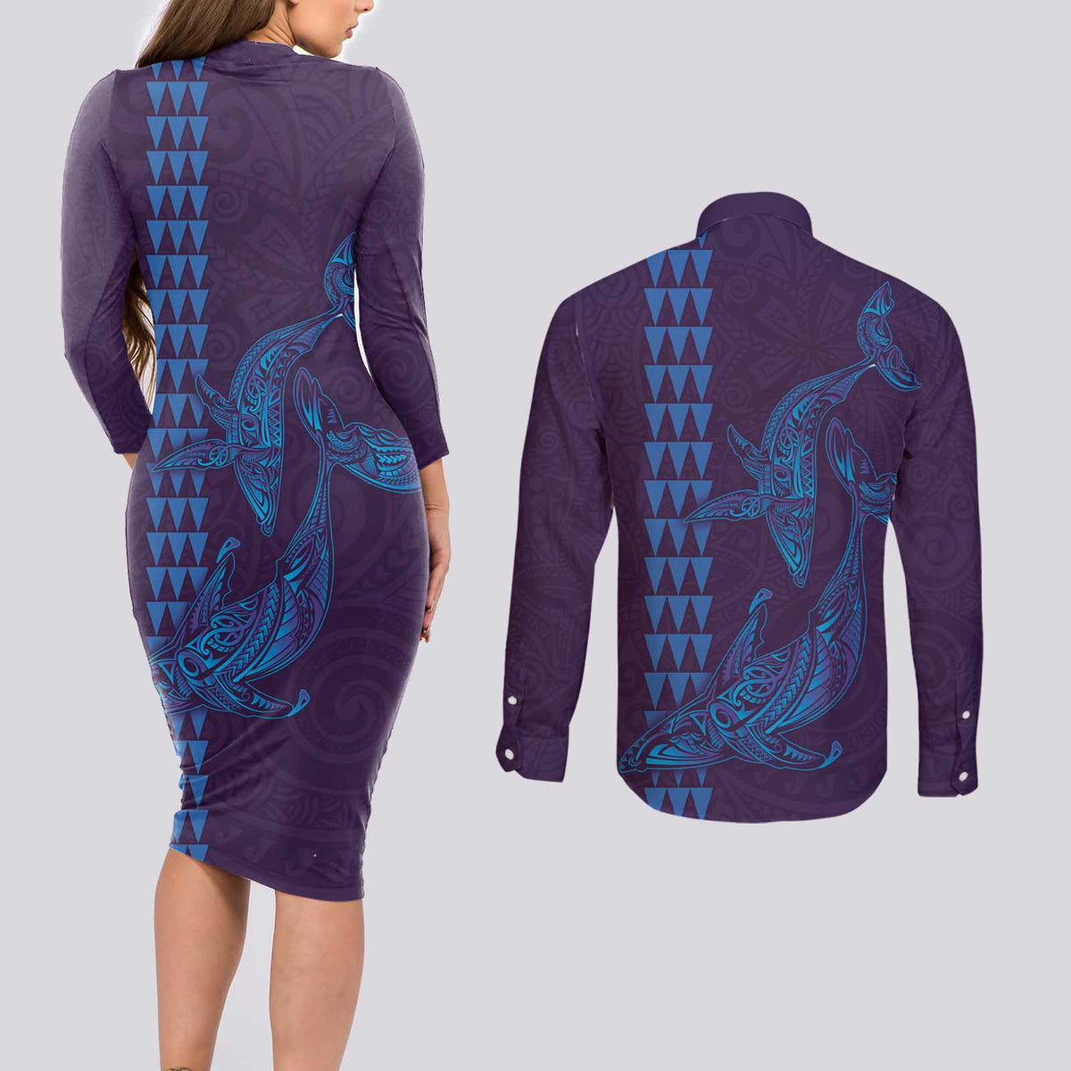Aloha Hawaii Whale Kakau and Polynesian Tattoo Couples Matching Long Sleeve Bodycon Dress and Long Sleeve Button Shirt Purple Color