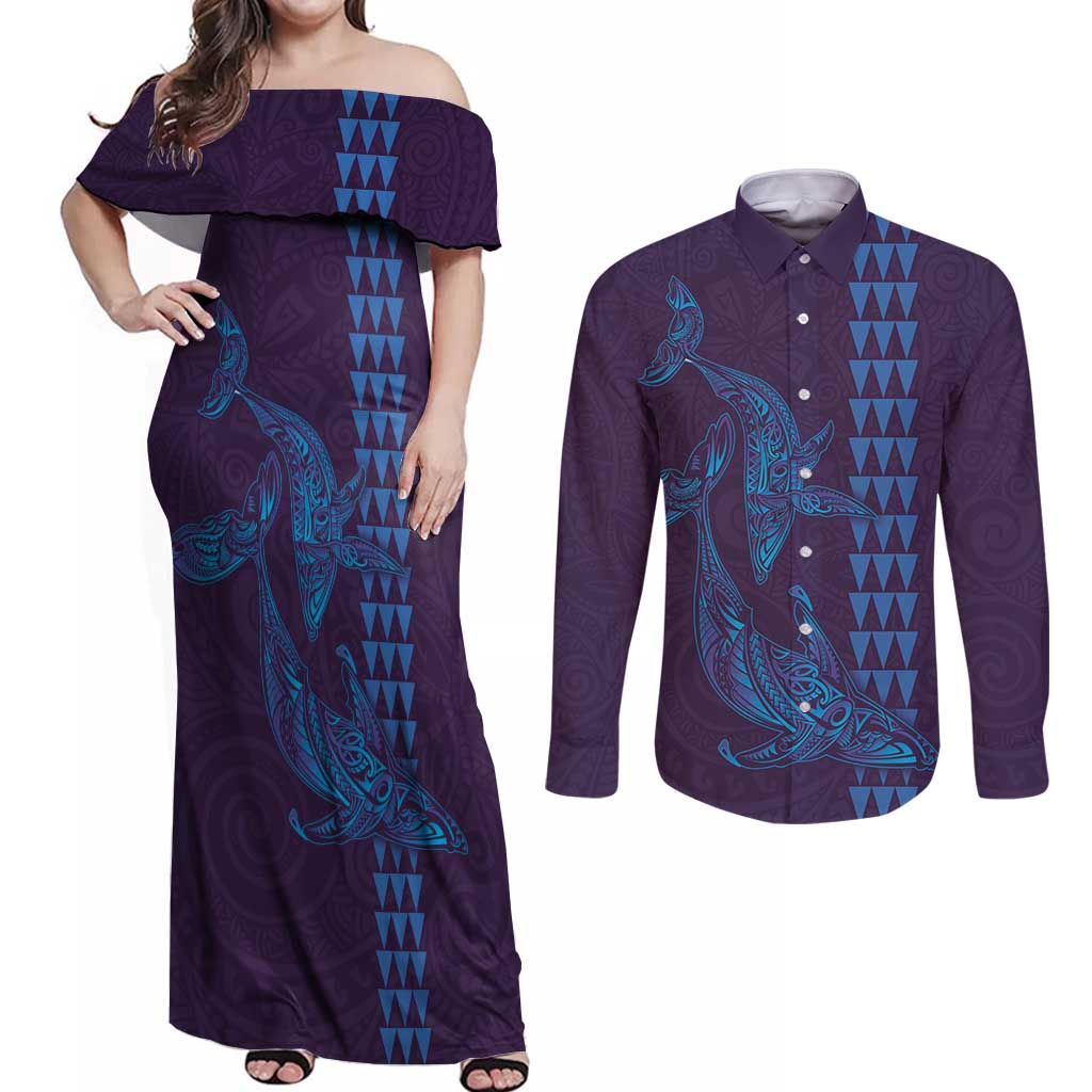 Aloha Hawaii Whale Kakau and Polynesian Tattoo Couples Matching Off Shoulder Maxi Dress and Long Sleeve Button Shirt Purple Color