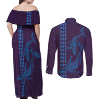 Aloha Hawaii Whale Kakau and Polynesian Tattoo Couples Matching Off Shoulder Maxi Dress and Long Sleeve Button Shirt Purple Color