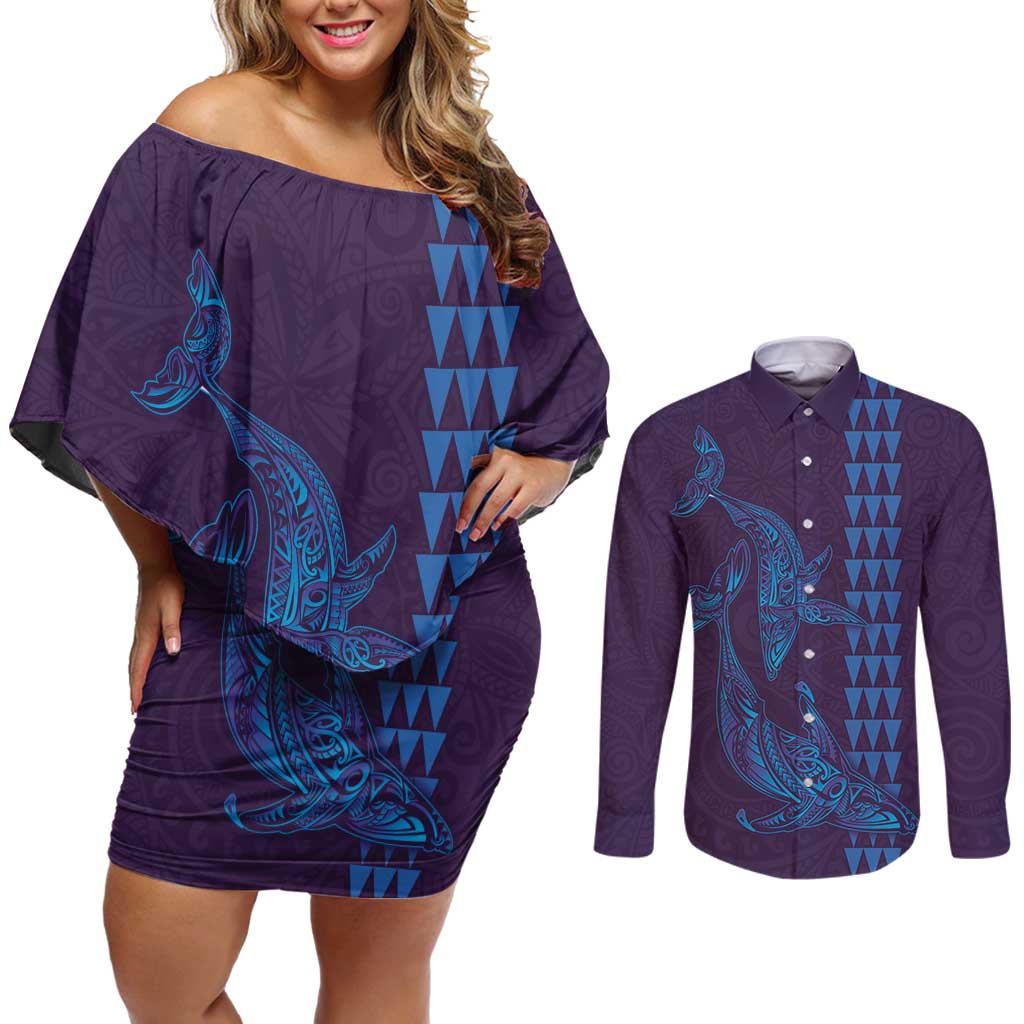 Aloha Hawaii Whale Kakau and Polynesian Tattoo Couples Matching Off Shoulder Short Dress and Long Sleeve Button Shirt Purple Color