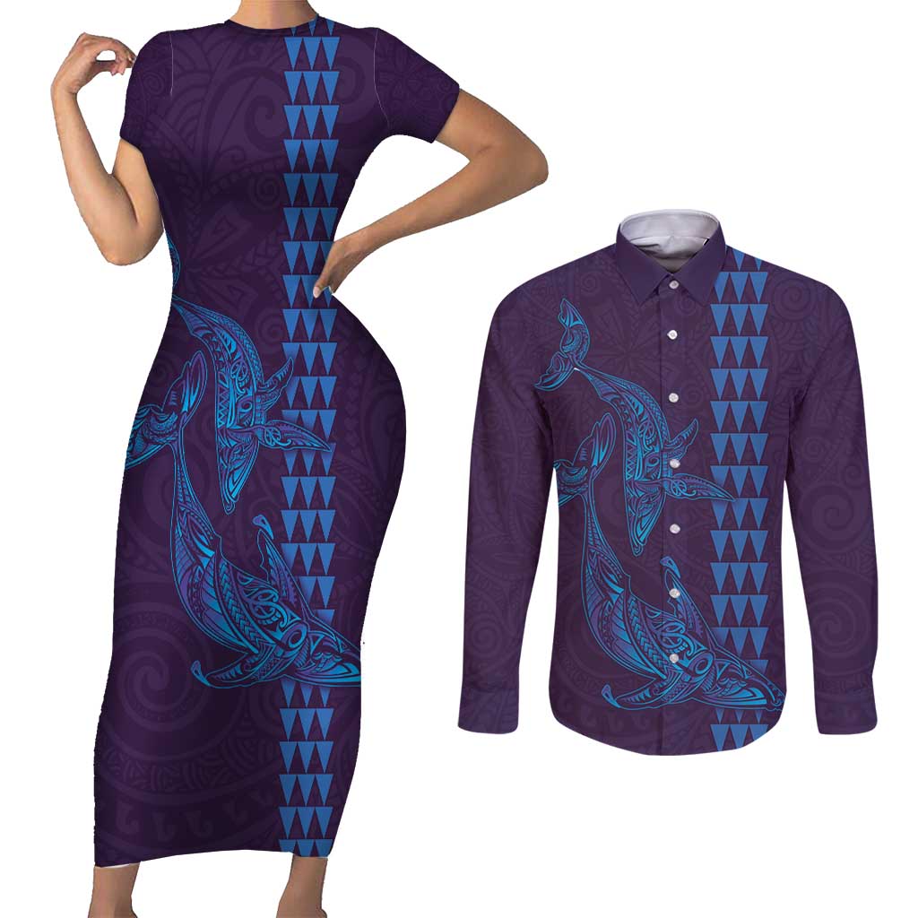 Aloha Hawaii Whale Kakau and Polynesian Tattoo Couples Matching Short Sleeve Bodycon Dress and Long Sleeve Button Shirt Purple Color