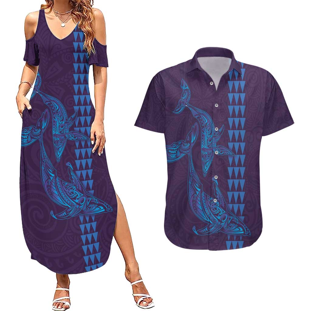 Aloha Hawaii Whale Kakau and Polynesian Tattoo Couples Matching Summer Maxi Dress and Hawaiian Shirt Purple Color