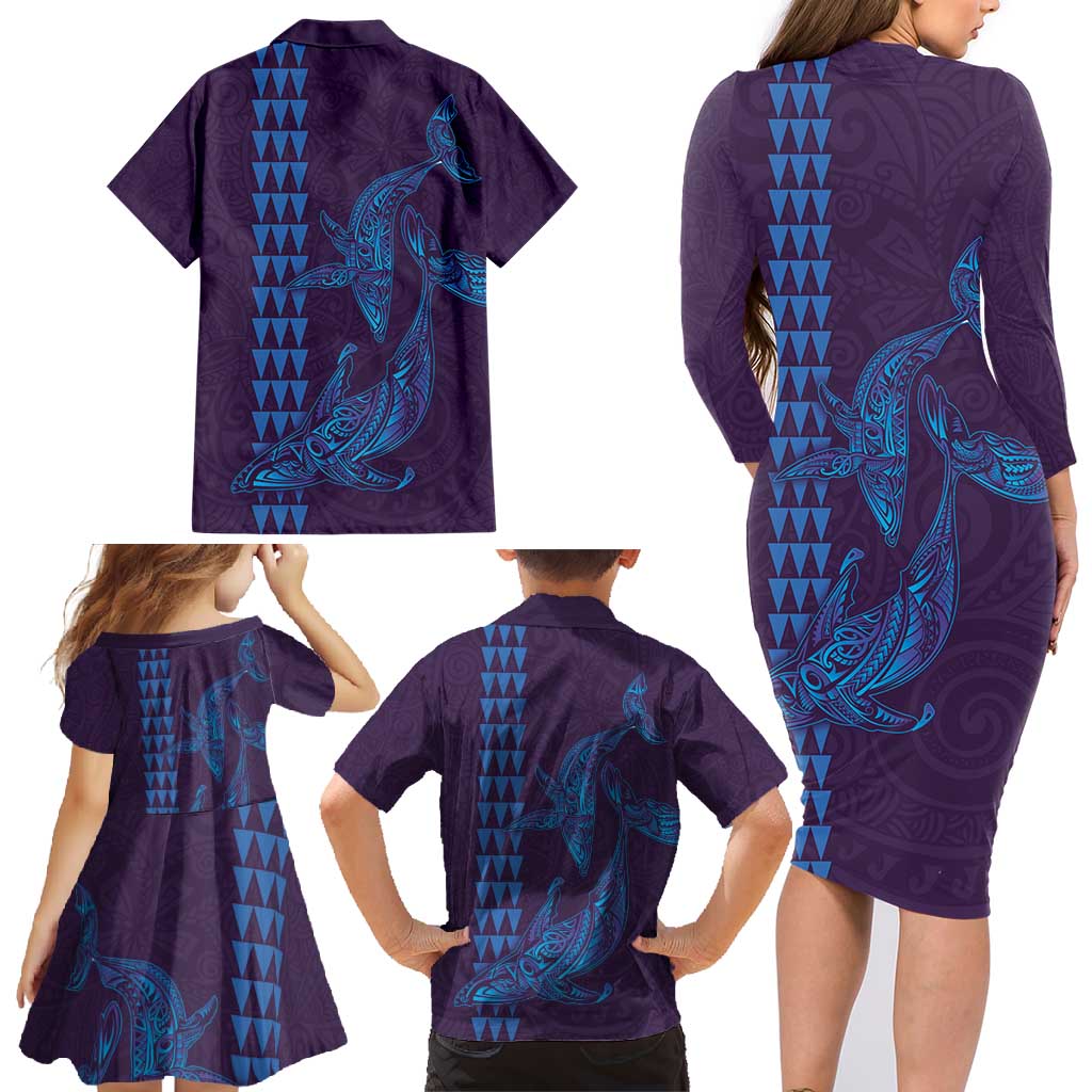 Aloha Hawaii Whale Kakau and Polynesian Tattoo Family Matching Long Sleeve Bodycon Dress and Hawaiian Shirt Purple Color