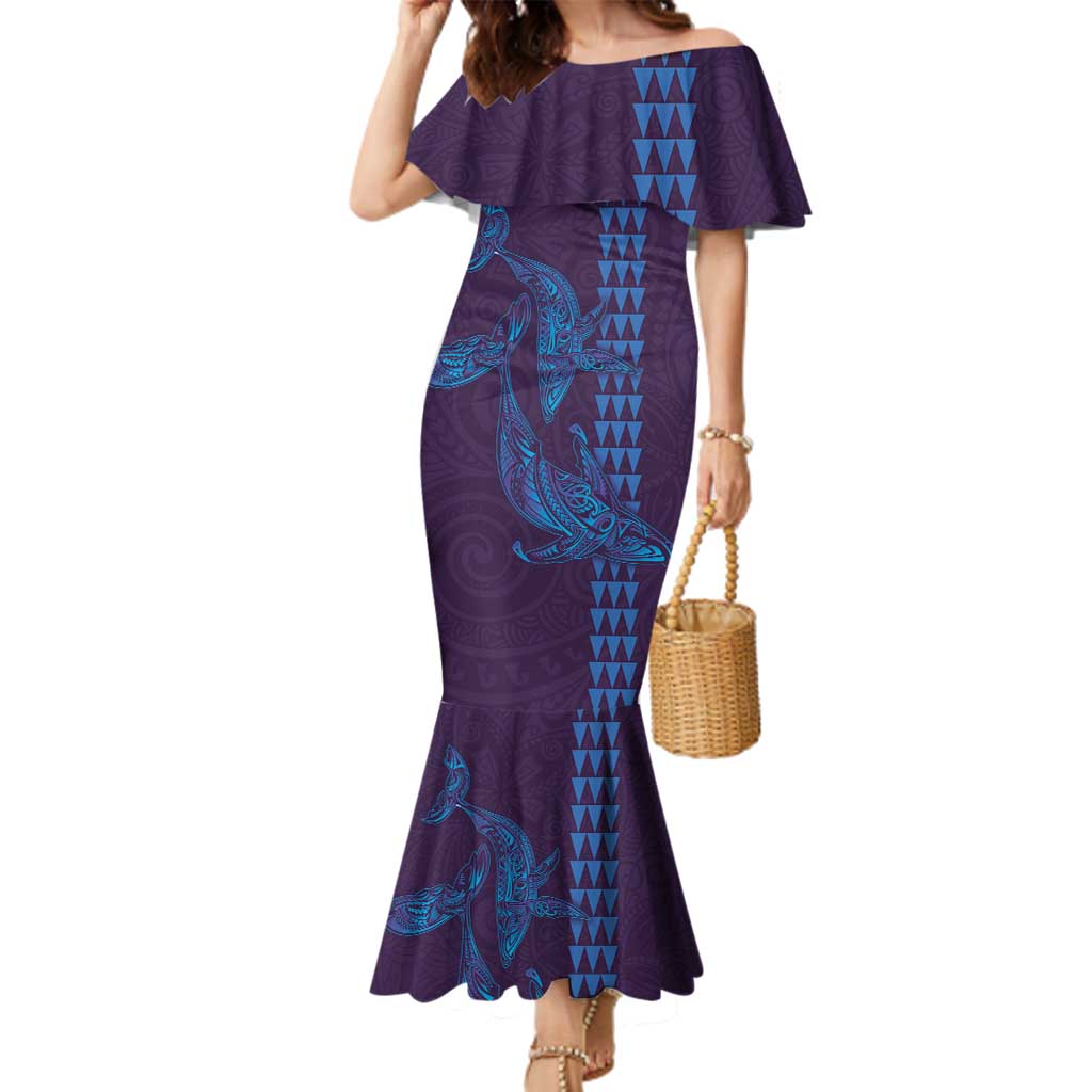 Aloha Hawaii Whale Kakau and Polynesian Tattoo Family Matching Mermaid Dress and Hawaiian Shirt Purple Color