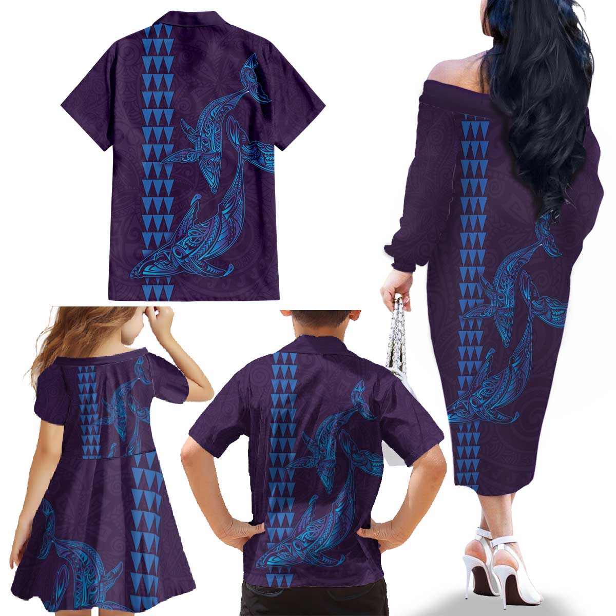 Aloha Hawaii Whale Kakau and Polynesian Tattoo Family Matching Off The Shoulder Long Sleeve Dress and Hawaiian Shirt Purple Color