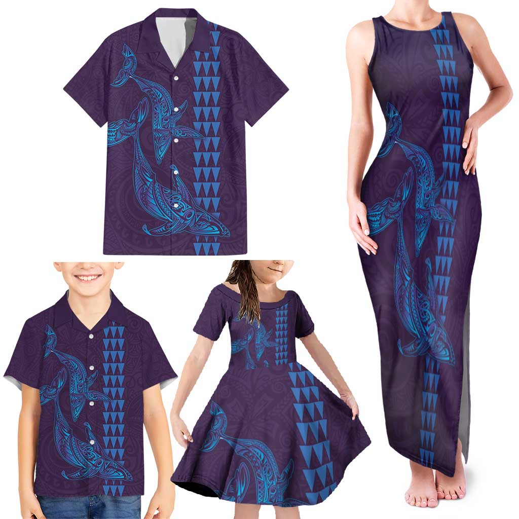 Aloha Hawaii Whale Kakau and Polynesian Tattoo Family Matching Tank Maxi Dress and Hawaiian Shirt Purple Color