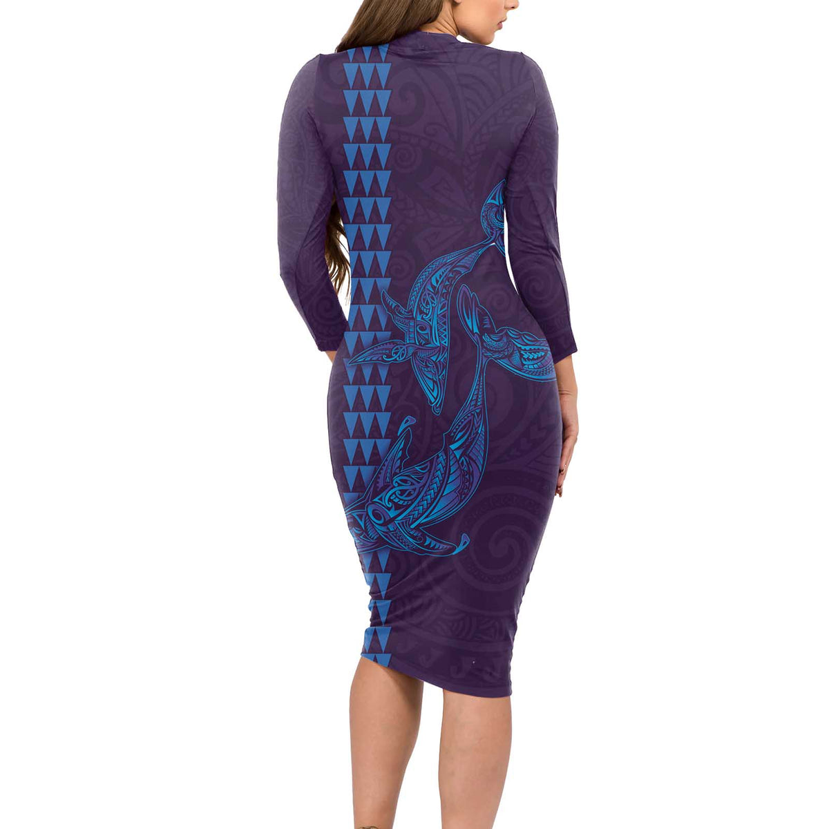 Aloha Hawaii Whale Kakau and Polynesian Tattoo Long Sleeve Bodycon Dress Purple Color
