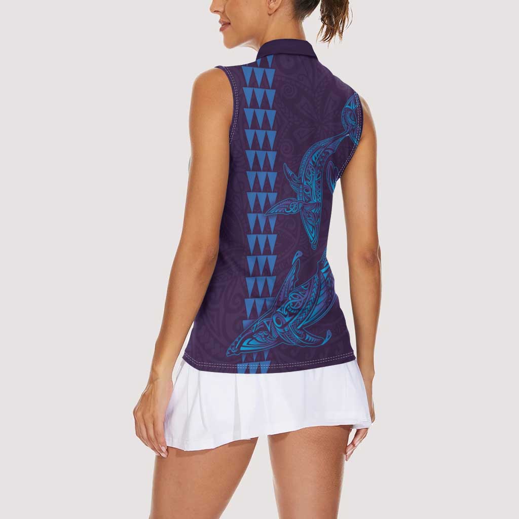 Aloha Hawaii Whale Kakau and Polynesian Tattoo Women Sleeveless Polo Shirt Purple Color