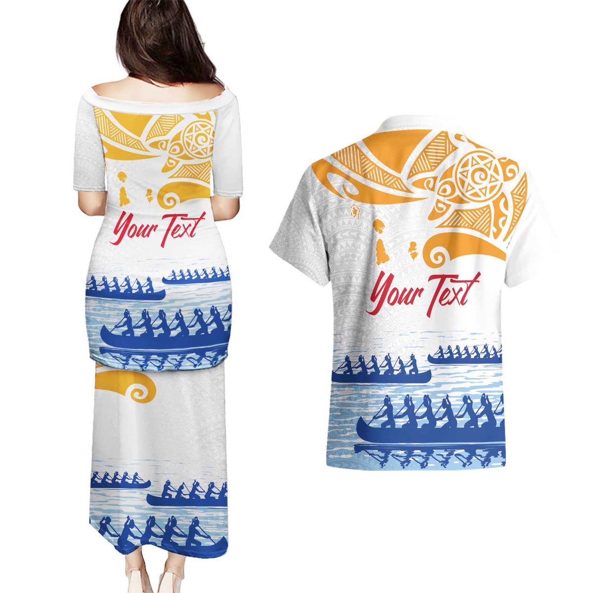 Personalised Hawaiki Nui Va'a French Polynesian Pattern Couples Matching Puletasi and Hawaiian Shirt White Color