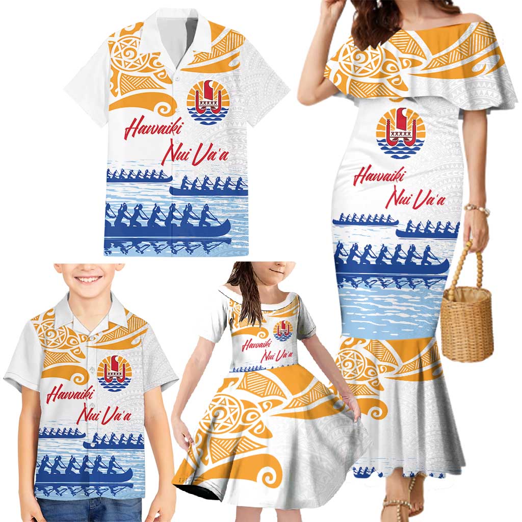 Personalised Hawaiki Nui Va'a French Polynesian Pattern Family Matching Mermaid Dress and Hawaiian Shirt White Color