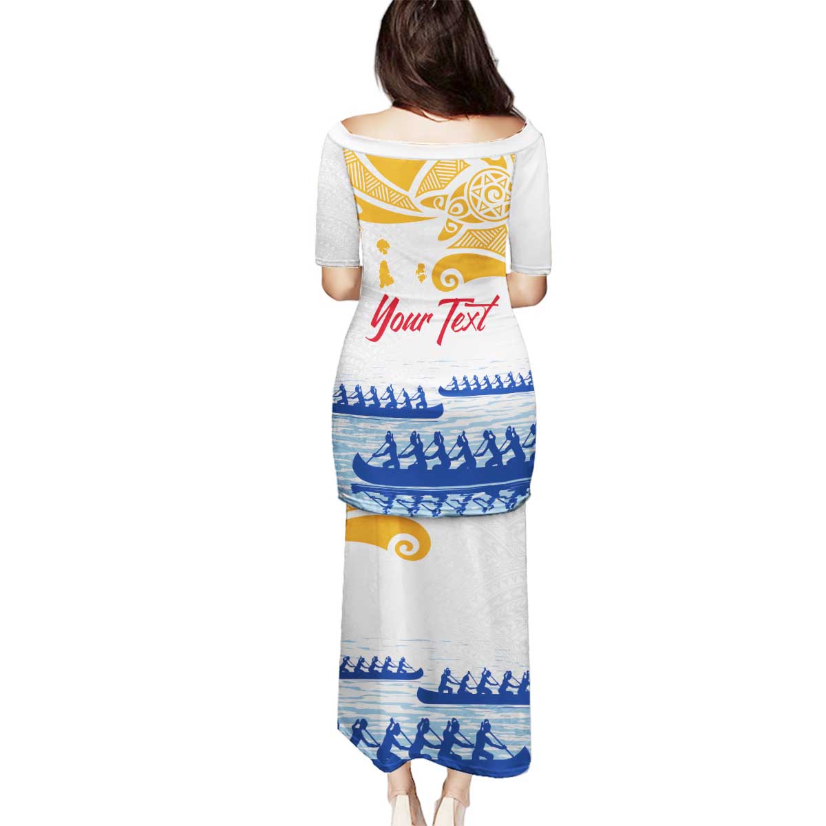 Personalised Hawaiki Nui Va'a French Polynesian Pattern Family Matching Puletasi and Hawaiian Shirt White Color