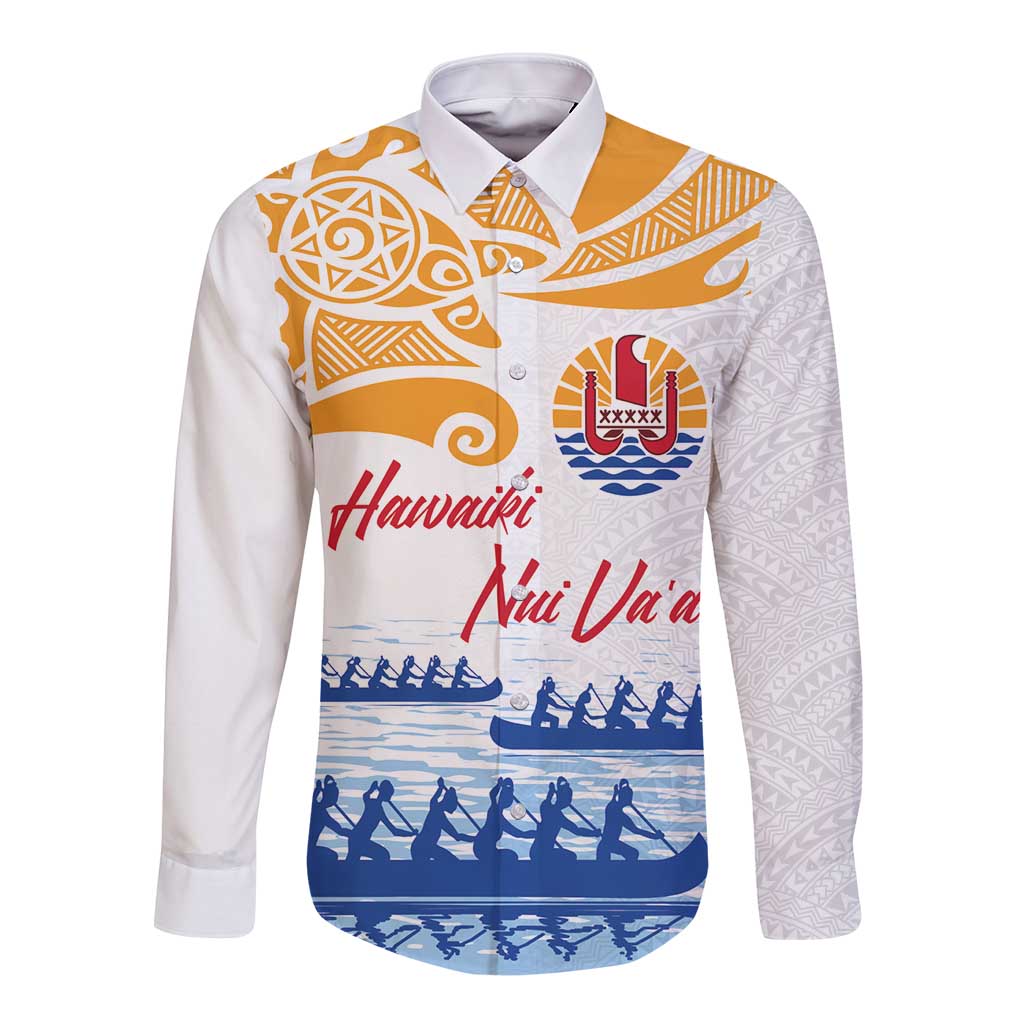 Personalised Hawaiki Nui Va'a French Polynesian Pattern Long Sleeve Button Shirt White Color
