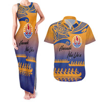 Personalised Hawaiki Nui Va'a French Polynesian Pattern Couples Matching Tank Maxi Dress and Hawaiian Shirt Sunset Color