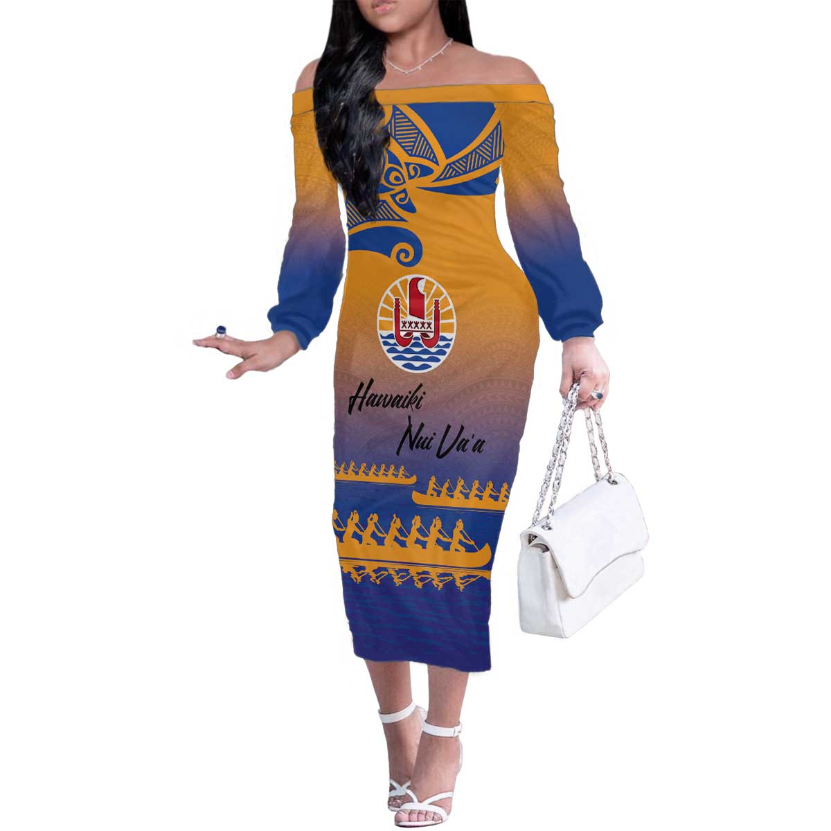 Personalised Hawaiki Nui Va'a French Polynesian Pattern Family Matching Off The Shoulder Long Sleeve Dress and Hawaiian Shirt Sunset Color
