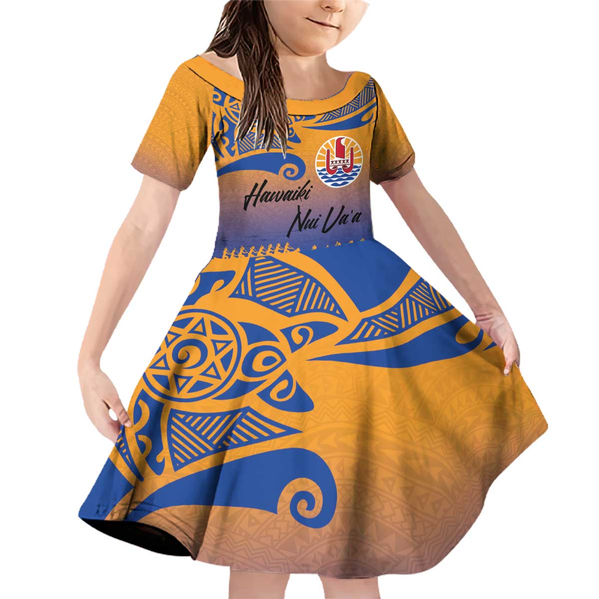 Personalised Hawaiki Nui Va'a French Polynesian Pattern Family Matching Off Shoulder Short Dress and Hawaiian Shirt Sunset Color