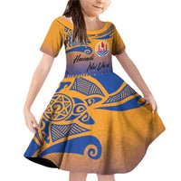 Personalised Hawaiki Nui Va'a French Polynesian Pattern Family Matching Off Shoulder Short Dress and Hawaiian Shirt Sunset Color