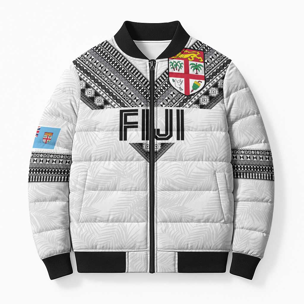 Custom Rugby Fiji Bomber Puffer Jacket Fijian Masi Tribal Sporty Style White Color - Polynesian Pride