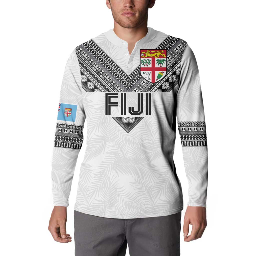 Custom Rugby Fiji Button Sweatshirt Fijian Masi Tribal Sporty Style White Color - Polynesian Pride