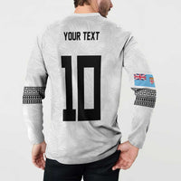 Custom Rugby Fiji Button Sweatshirt Fijian Masi Tribal Sporty Style White Color - Polynesian Pride