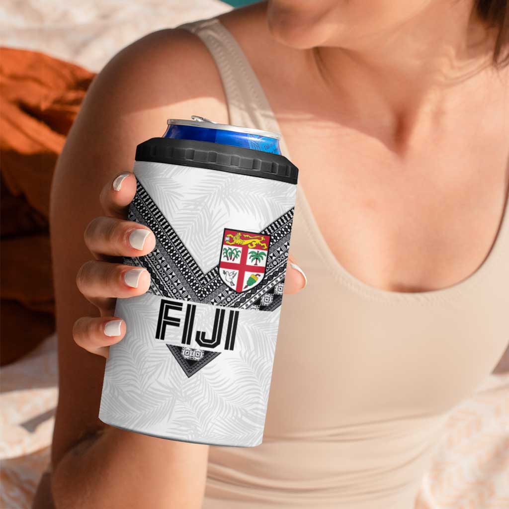 Custom Rugby Fiji 4 in 1 Can Cooler Tumbler Fijian Masi Tribal Sporty Style White Color - Polynesian Pride
