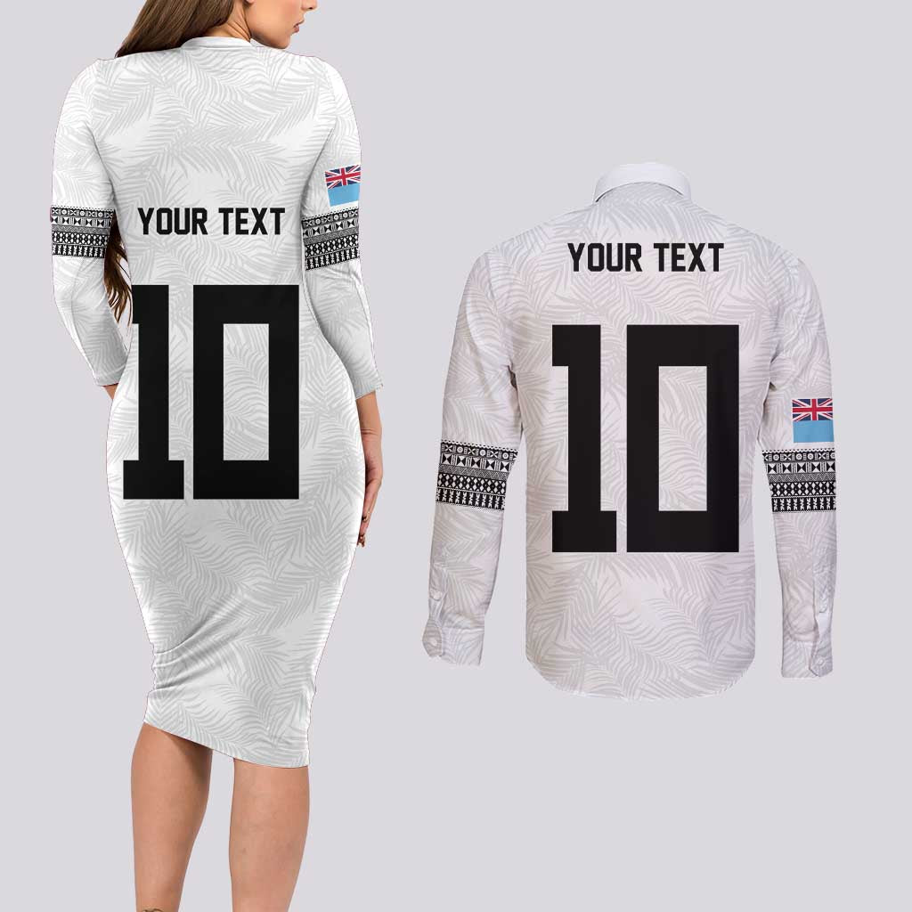 Custom Rugby Fiji Couples Matching Long Sleeve Bodycon Dress and Long Sleeve Button Shirt Fijian Masi Tribal Sporty Style White Color - Polynesian Pride