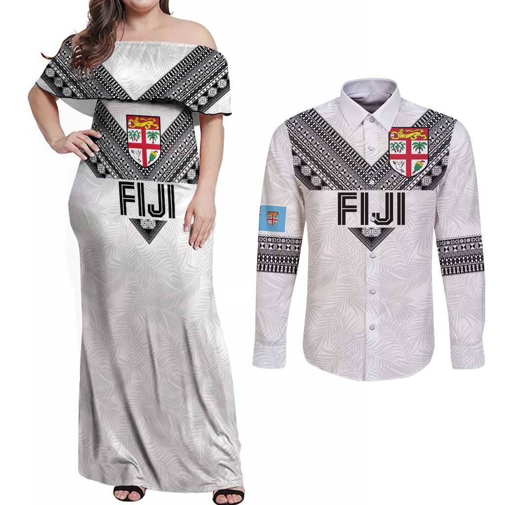 Custom Rugby Fiji Couples Matching Off Shoulder Maxi Dress and Long Sleeve Button Shirt Fijian Masi Tribal Sporty Style White Color - Polynesian Pride