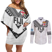 Custom Rugby Fiji Couples Matching Off Shoulder Short Dress and Long Sleeve Button Shirt Fijian Masi Tribal Sporty Style White Color - Polynesian Pride
