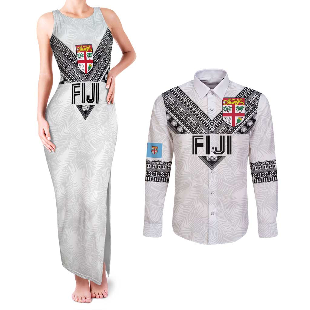 Custom Rugby Fiji Couples Matching Tank Maxi Dress and Long Sleeve Button Shirt Fijian Masi Tribal Sporty Style White Color - Polynesian Pride
