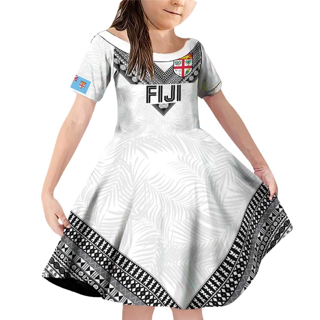 Custom Rugby Fiji Family Matching Off Shoulder Short Dress and Hawaiian Shirt Fijian Masi Tribal Sporty Style White Color - Polynesian Pride