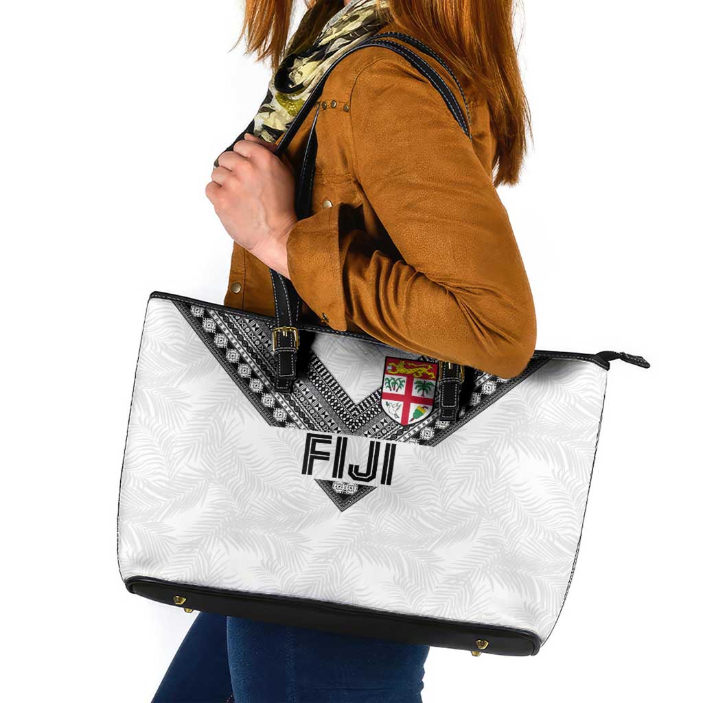 Rugby Fiji Leather Tote Bag Fijian Masi Tribal Sporty Style White Color - Polynesian Pride