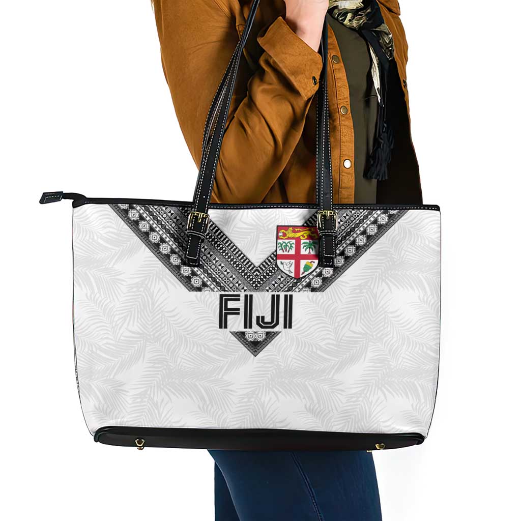 Rugby Fiji Leather Tote Bag Fijian Masi Tribal Sporty Style White Color - Polynesian Pride