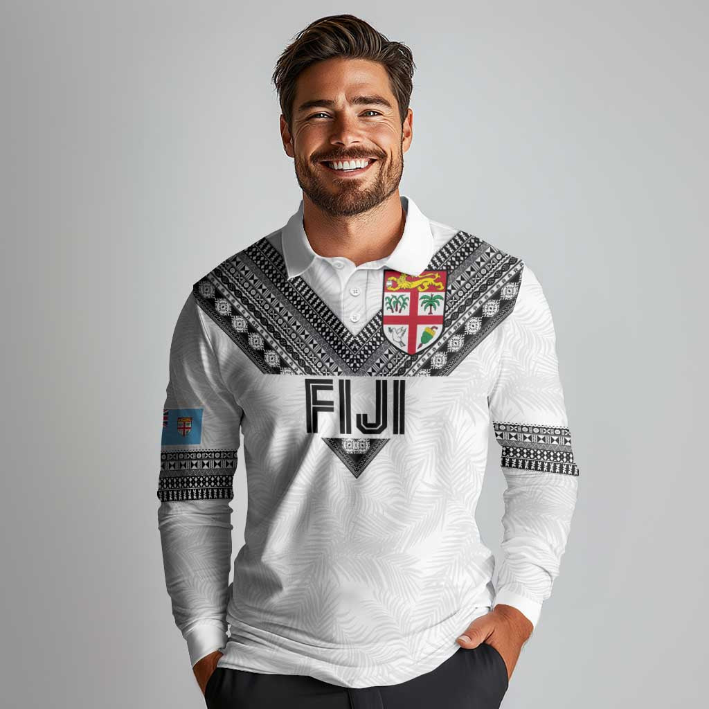 Custom Rugby Fiji Long Sleeve Polo Shirt Fijian Masi Tribal Sporty Style White Color - Polynesian Pride