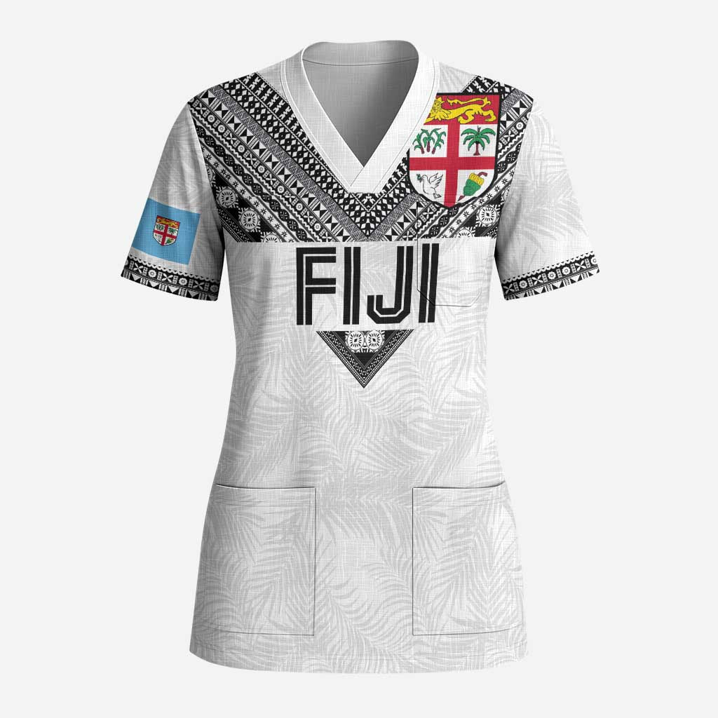 Custom Rugby Fiji Scrub Top Fijian Masi Tribal Sporty Style White Color - Polynesian Pride